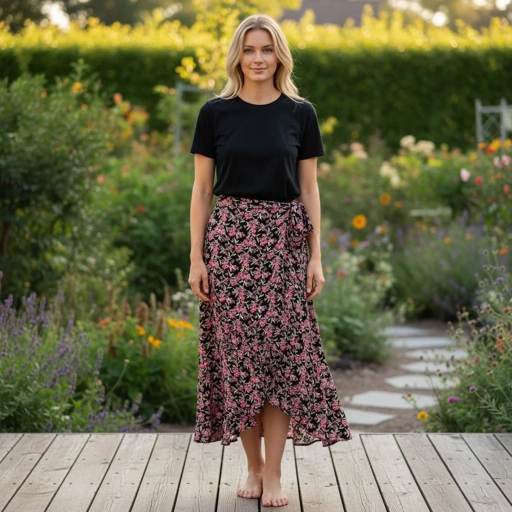 Vintage MARONIE Black Pink Floral Wrap Maxi Skirt Cottage Coquette Romantic‎ Y2K